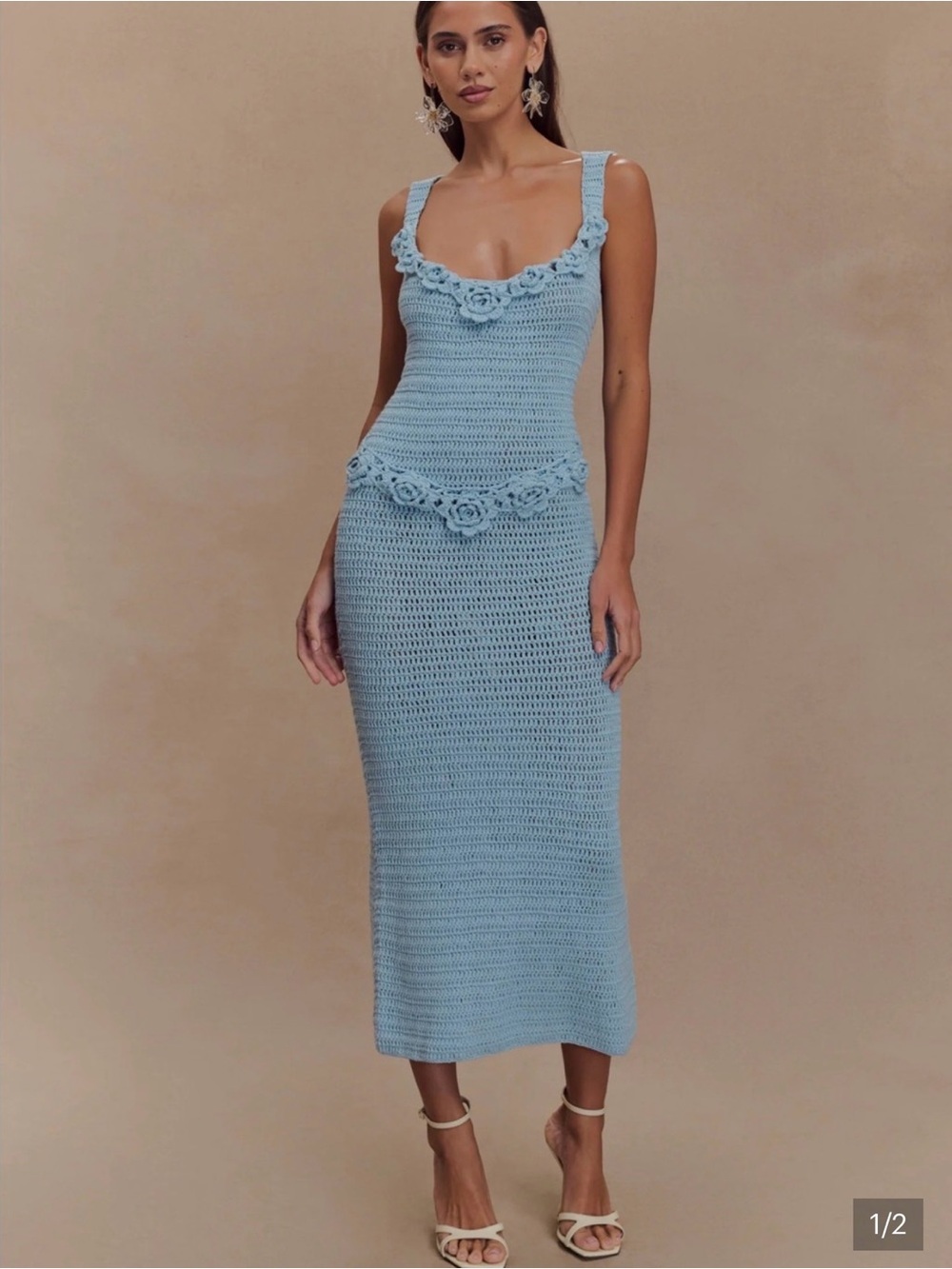 Meshki Light Blue Crocheted Midi Dress with Floral Trim